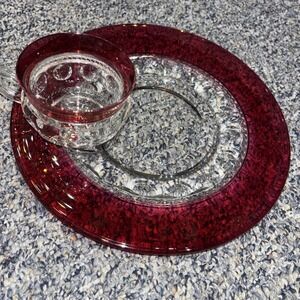 Kings Crown Thumbprint Ruby Red Flash Snack Breakfast Plate & Cup Set